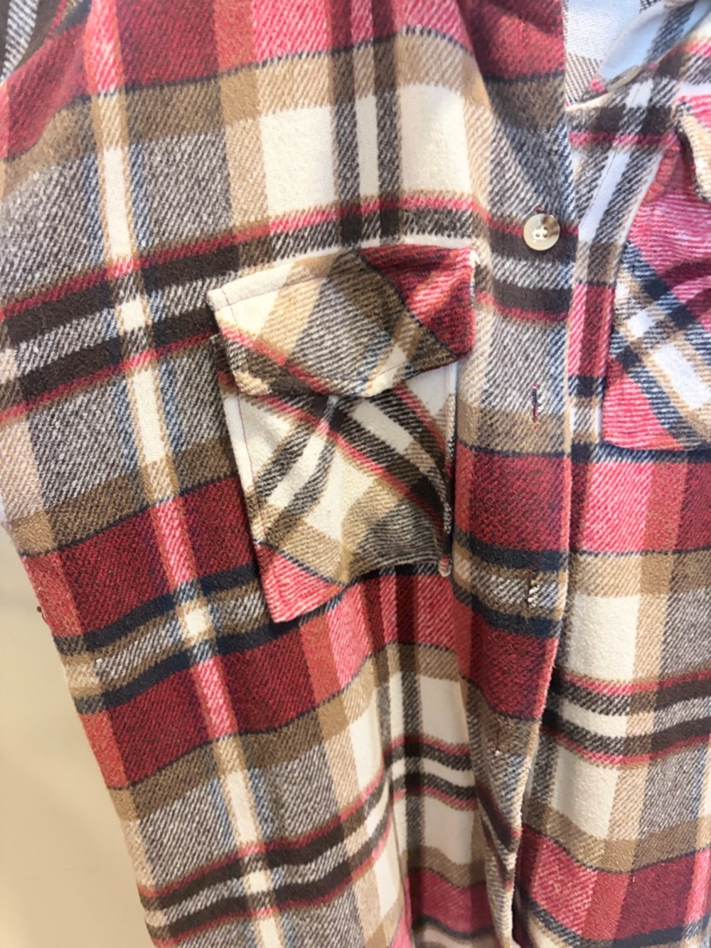 NWOT SHEIN Plaid Shacket in Burgundy, Brown & Cream - Picture 3 of 11